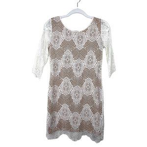 LULUS Womens M Lace Knit Overlay Half Sleeve Beige Dress Special Occasion